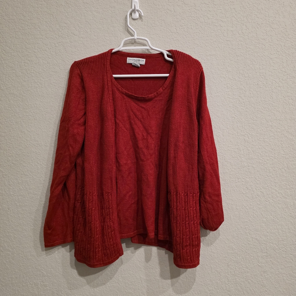 Sag Harbor Red Open-Front Ribbed Knit Cardigan